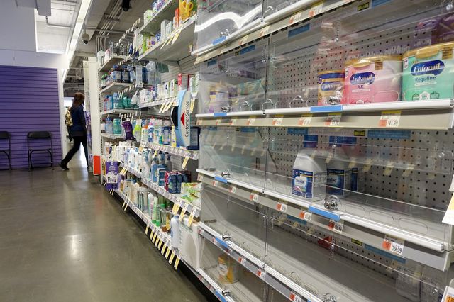 A nearly empty baby formula display shelf is seen at a Walgreens pharmacy on May 9th, 2022 in New York City.